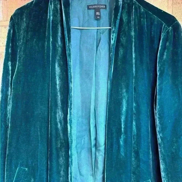 Eileen Fisher angled front long sleeve open front rayon silk blend velvet jacket - Picture 6 of 10
